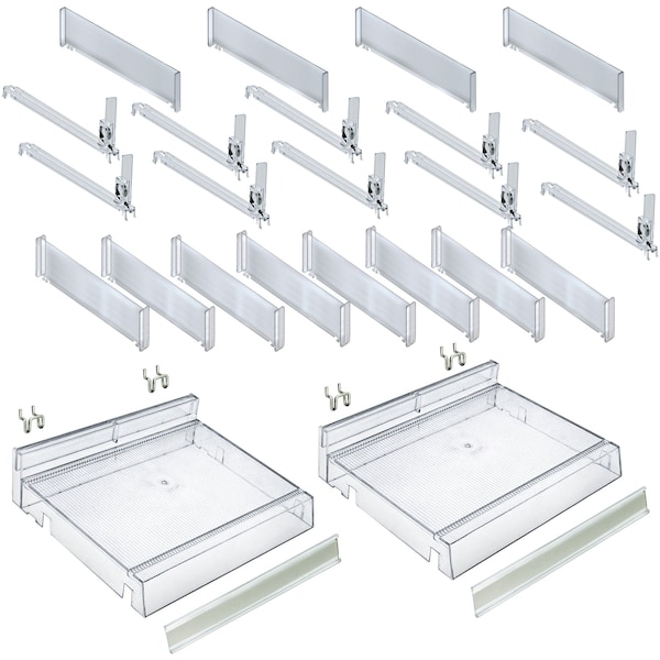 Adjustable Tall Divider Bin Cosmetic Tray W Pushers - Customize Slot Size To Product, Clear, 2-Pack